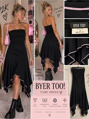 Strapless Black Asymmetrical Hem Dress with Pink Trim